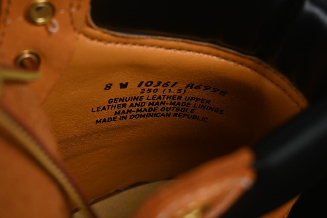 Tongue label inside the boot showing size and construction text
