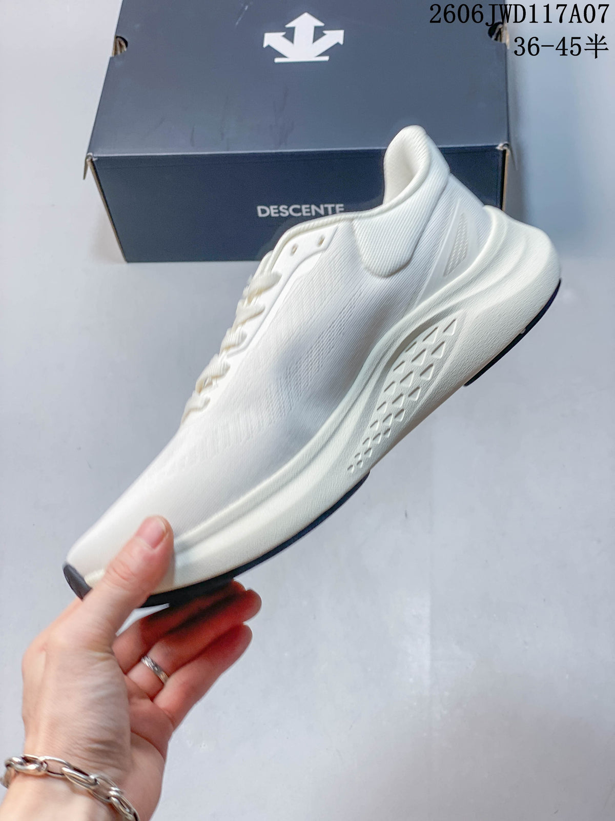 Side view of a white low-top running shoe with a sculpted sole