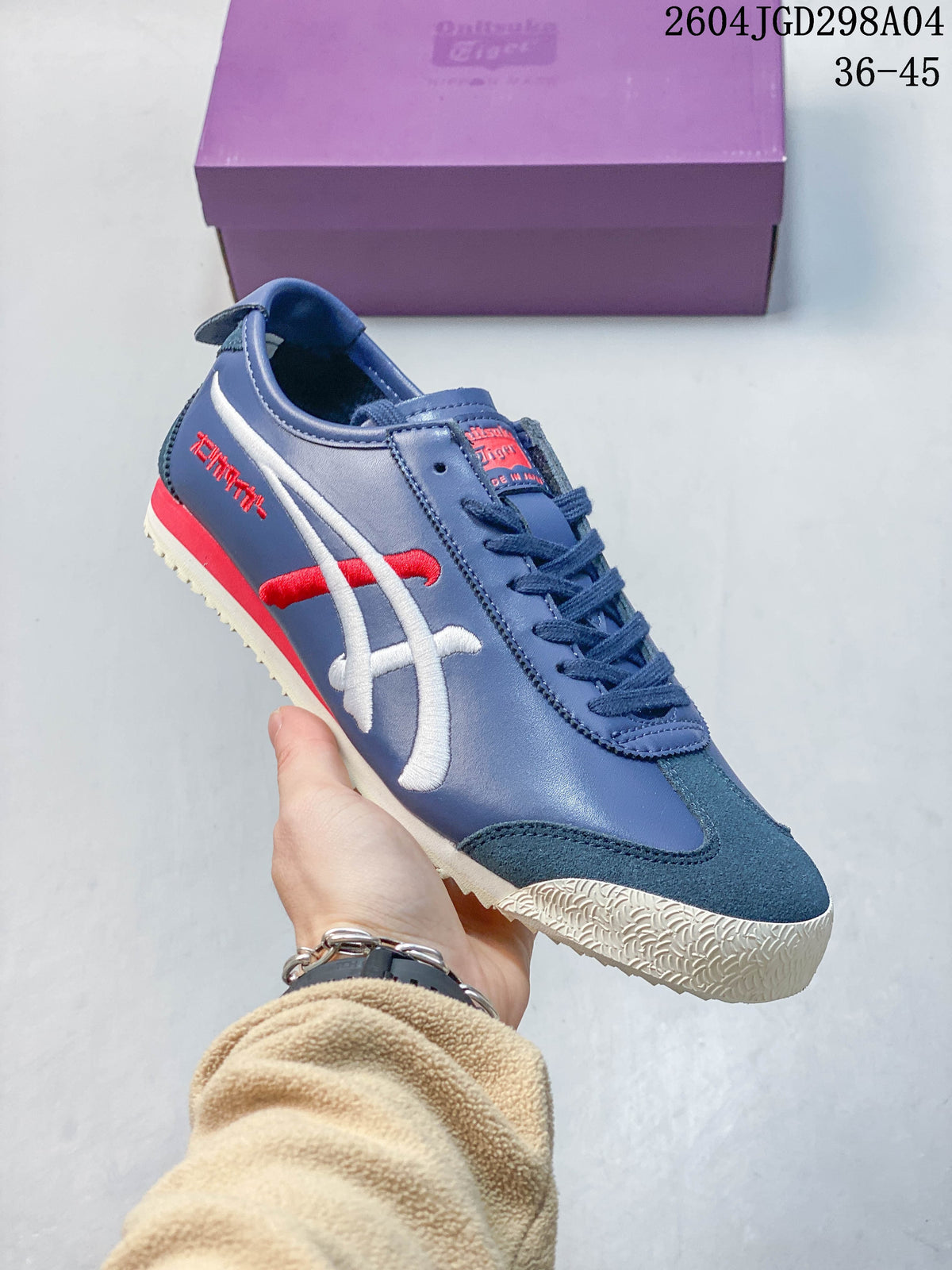 Angled side view showing the blue upper, striped detailing, and off-white outsole