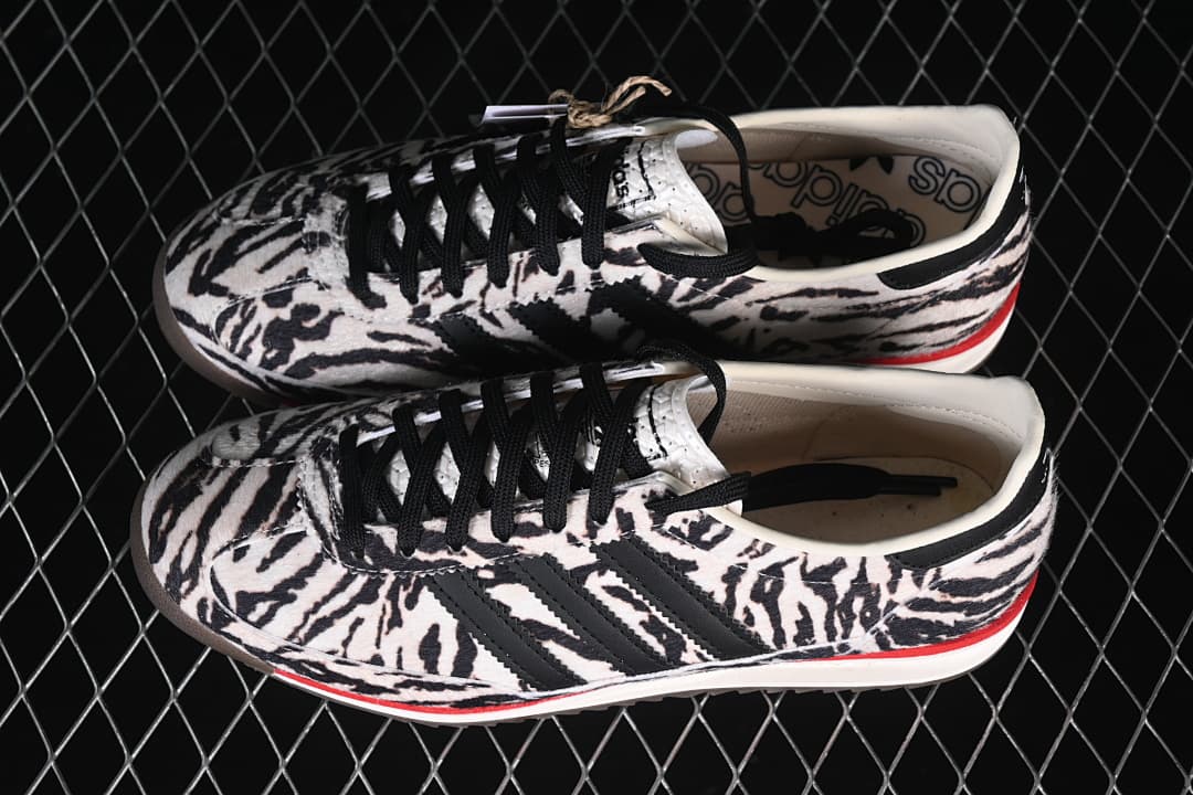 Pair of animal-print adidas SL 72 OG sneakers viewed from above.