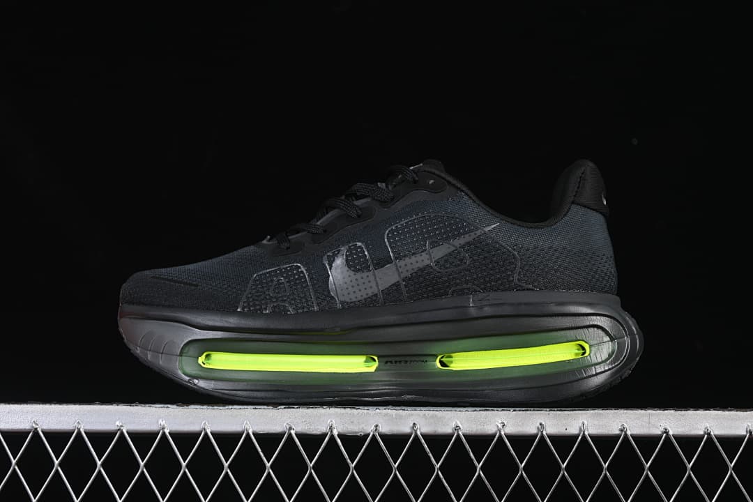 Opposite side view of the black running shoe with a large tonal side graphic and volt-colored midsole accents.