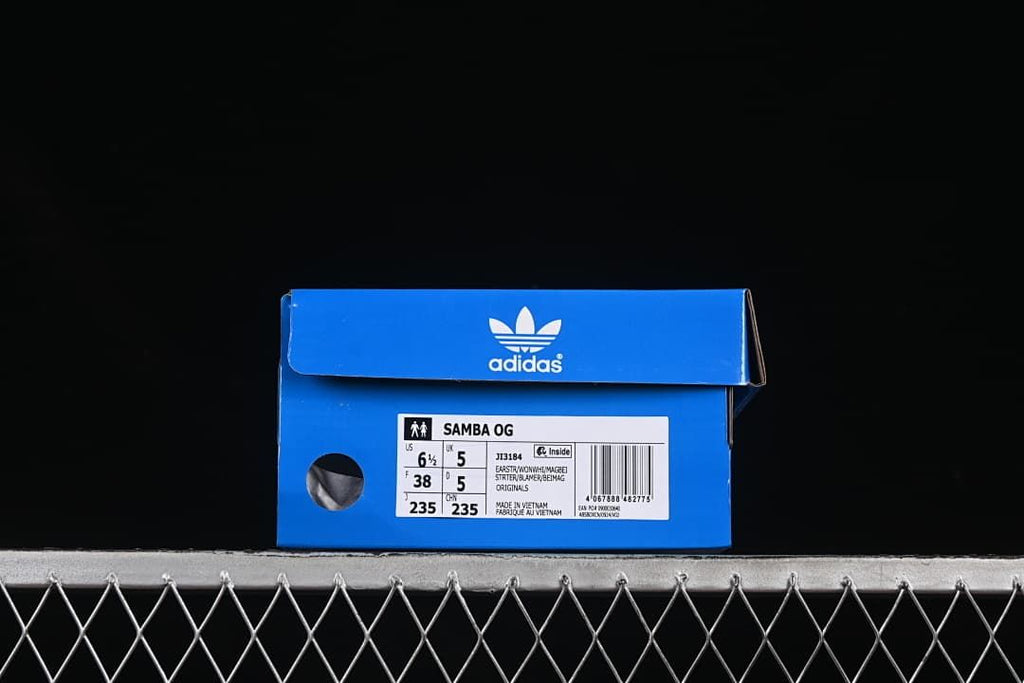 Samba OG shoe box label showing model JI3184 and photographed size US 6.5, UK 5, EU 38