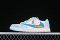 Side view of a light blue and white low-top sneaker with yellow laces and Labubu graphics