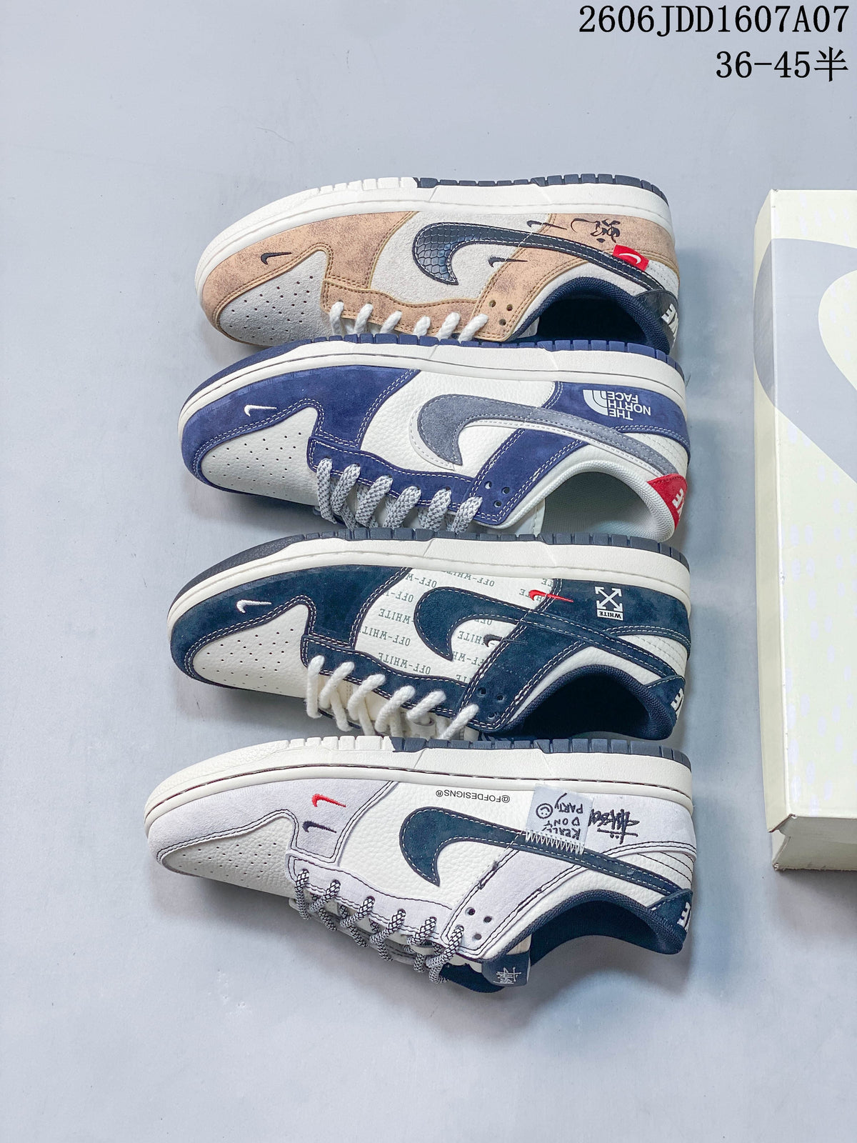 Four low-top sneakers shown side by side in different graphic colorway variations.