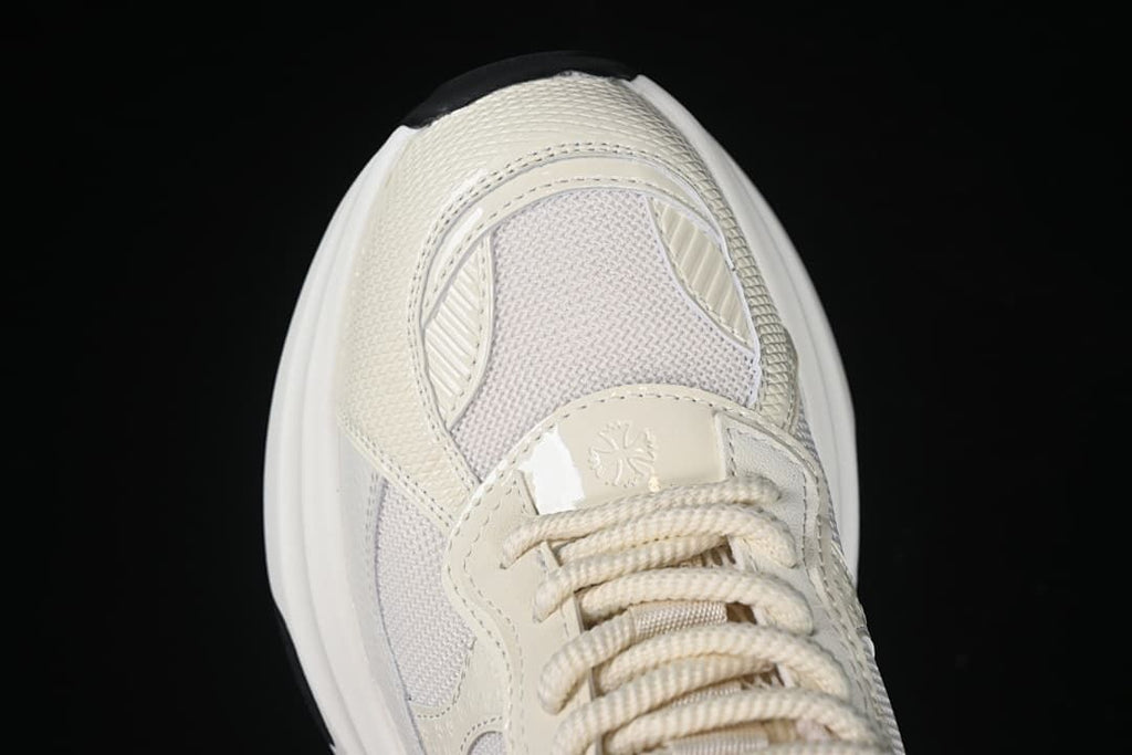 Top view of the sneaker toe, laces, and upper panels