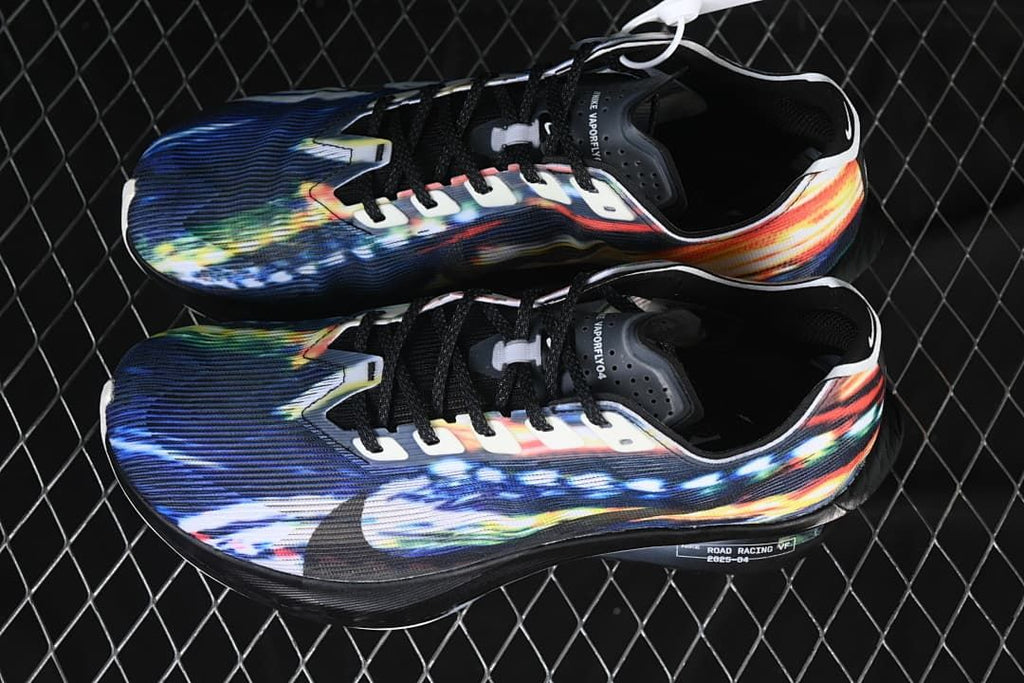 Pair of multicolor Nike Vaporfly NEXT% 4 shoes viewed from above