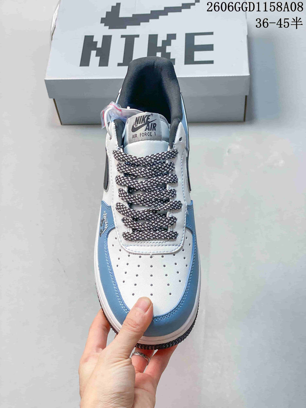 Top view showing the perforated toe panel and patterned laces