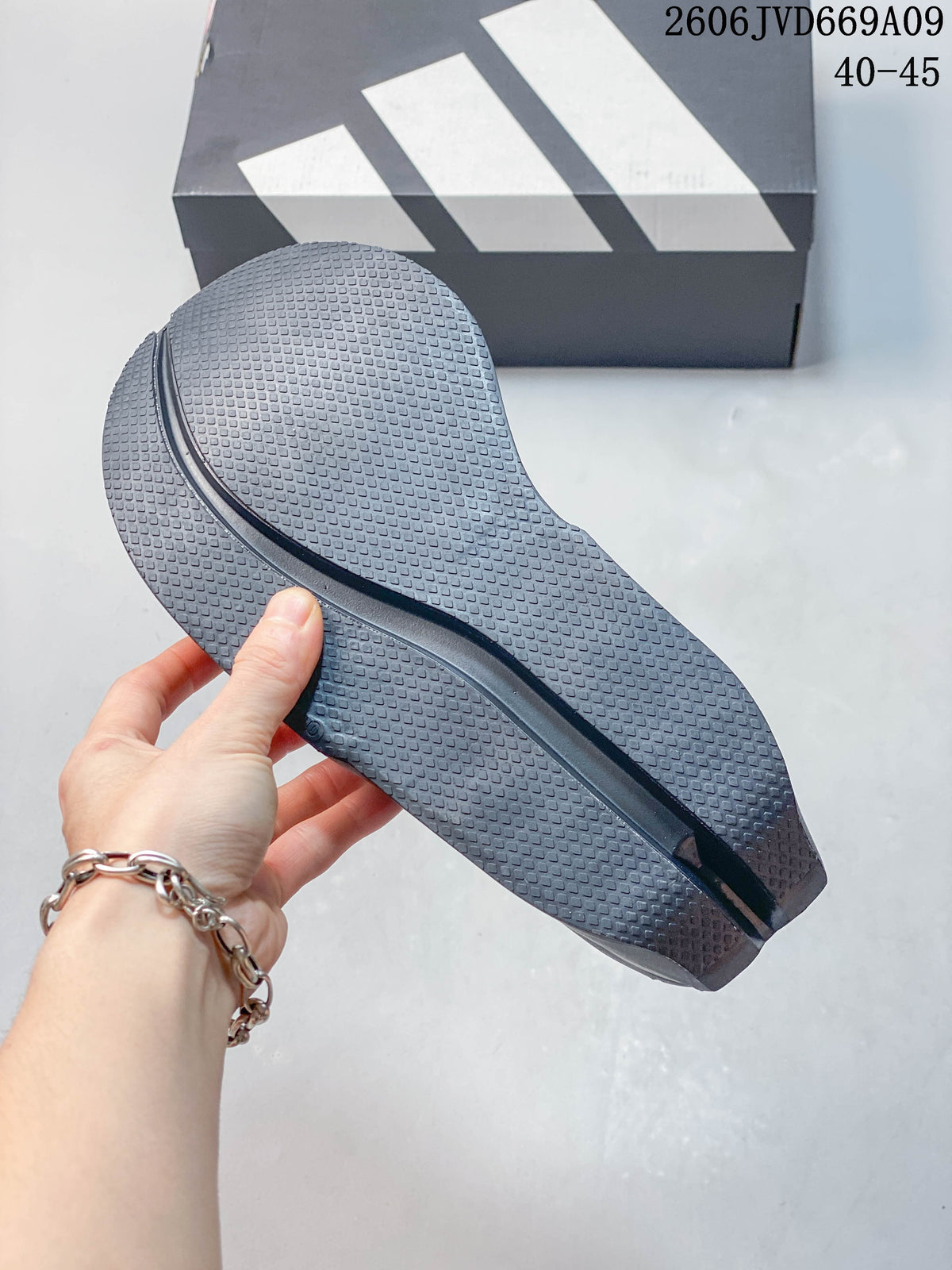 Textured outsole of a dark gray Adidas shoe