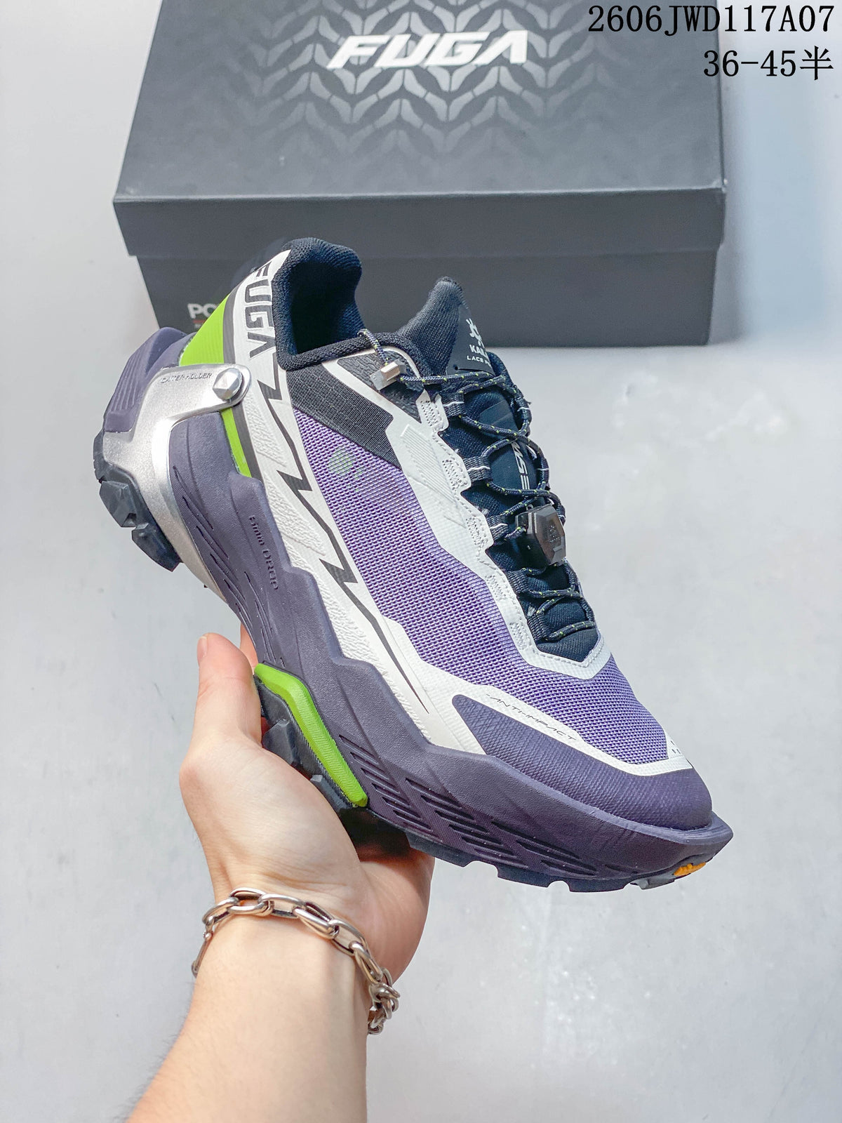 KAILAS FUGA DU 2 trail shoe in a lavender and gray colorway with lime accents