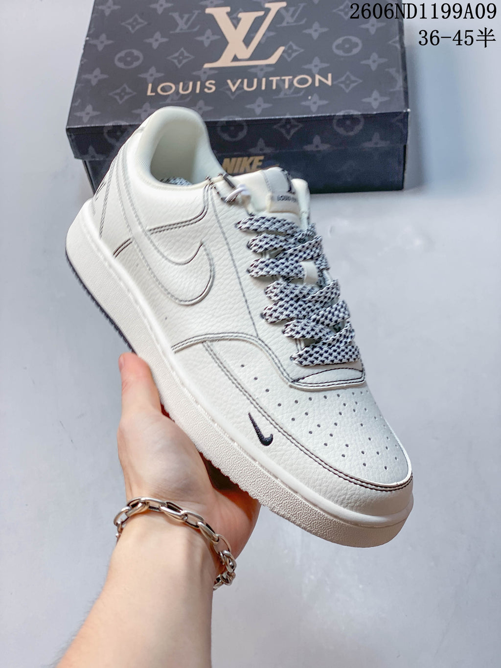 Angled view of the off-white low-top sneaker with patterned laces