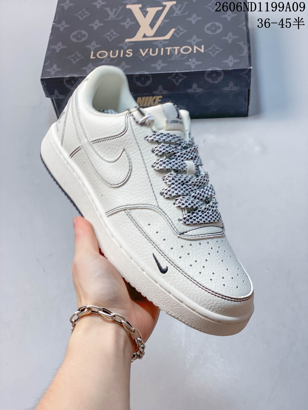 Angled view of the off-white low-top sneaker with patterned laces