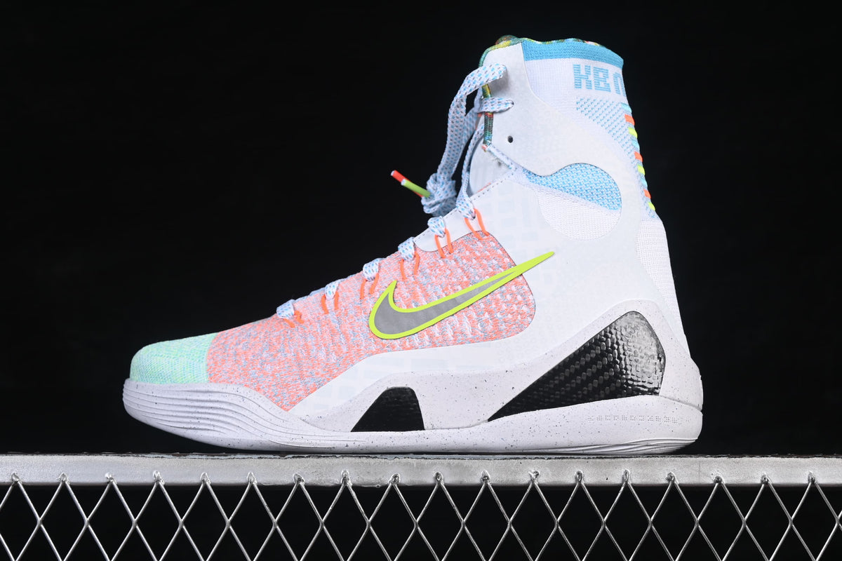 Side view showing the shoe's multicolor knit-patterned upper and high collar.