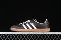 Side view of a dark brown adidas Samba OG sneaker with white stripes and a gum sole