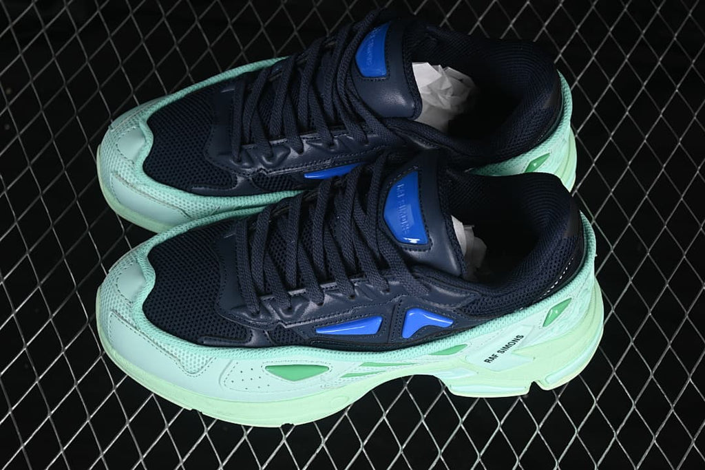 Pair of navy and mint sneakers viewed from above