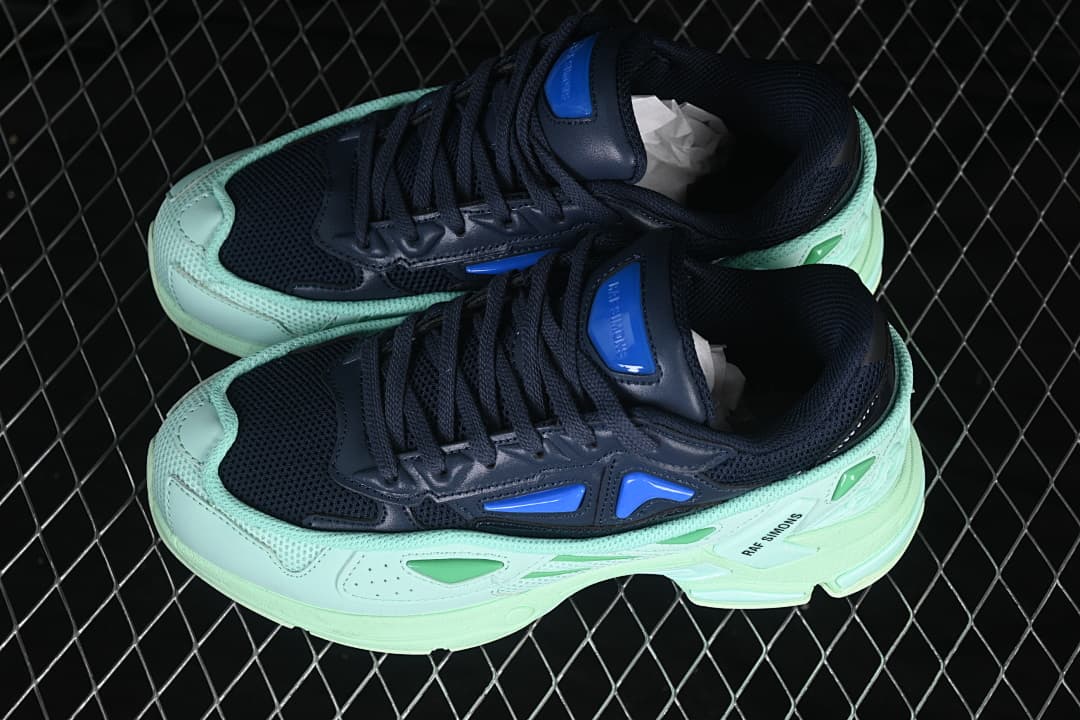 Pair of navy and mint sneakers viewed from above