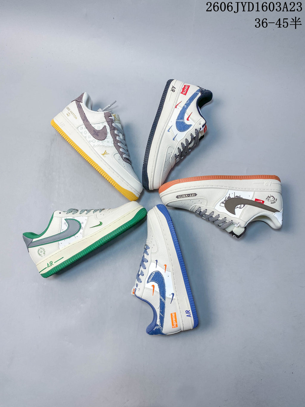 Five white low-top sneakers shown together in different graphic colorways