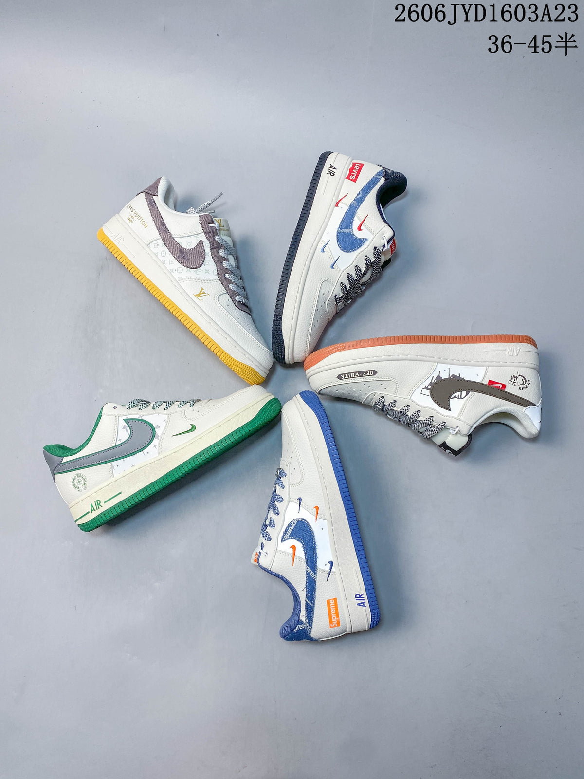 Five white low-top sneakers shown together in different graphic colorways