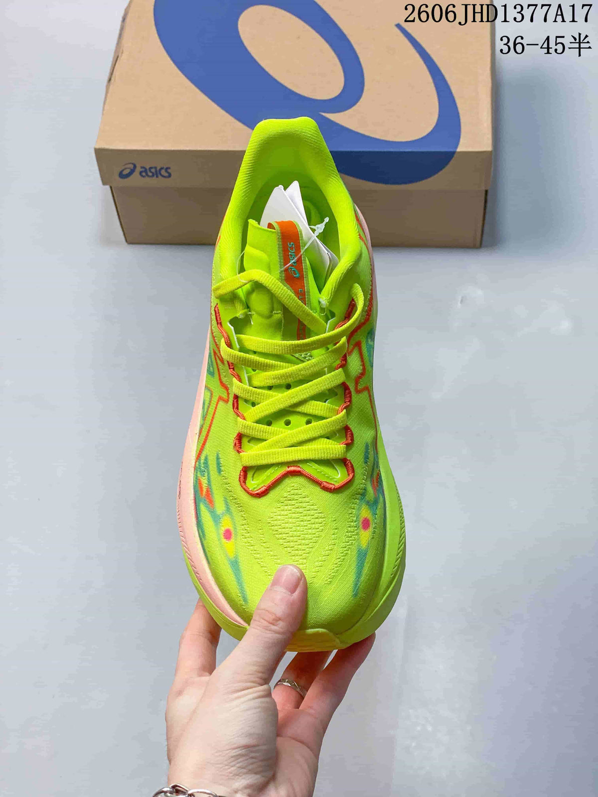 Top view of the neon yellow lace-up ASICS Megablast shoe