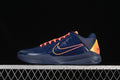 Side view of a navy Kobe 5 Protro shoe with coral laces and a yellow-orange heel panel.