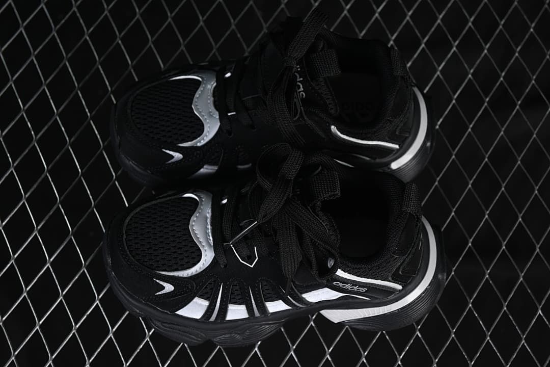Pair of black and silver sneakers viewed from above
