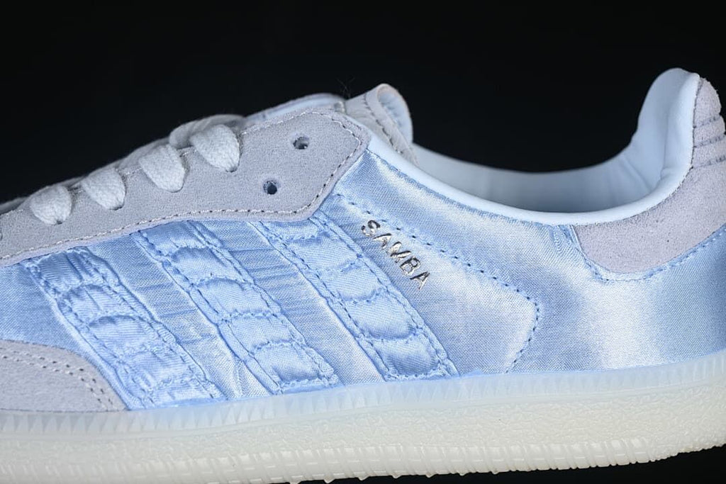 Close-up of blue side stripes and metallic Samba lettering