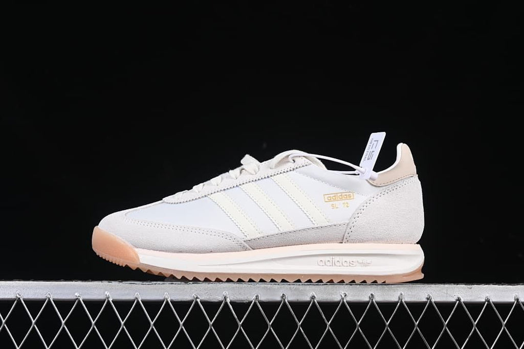 Side view of off-white adidas SL 72 RS sneakers with beige accents and gum outsole