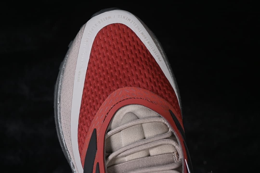 Top-down view of red toe and lace area