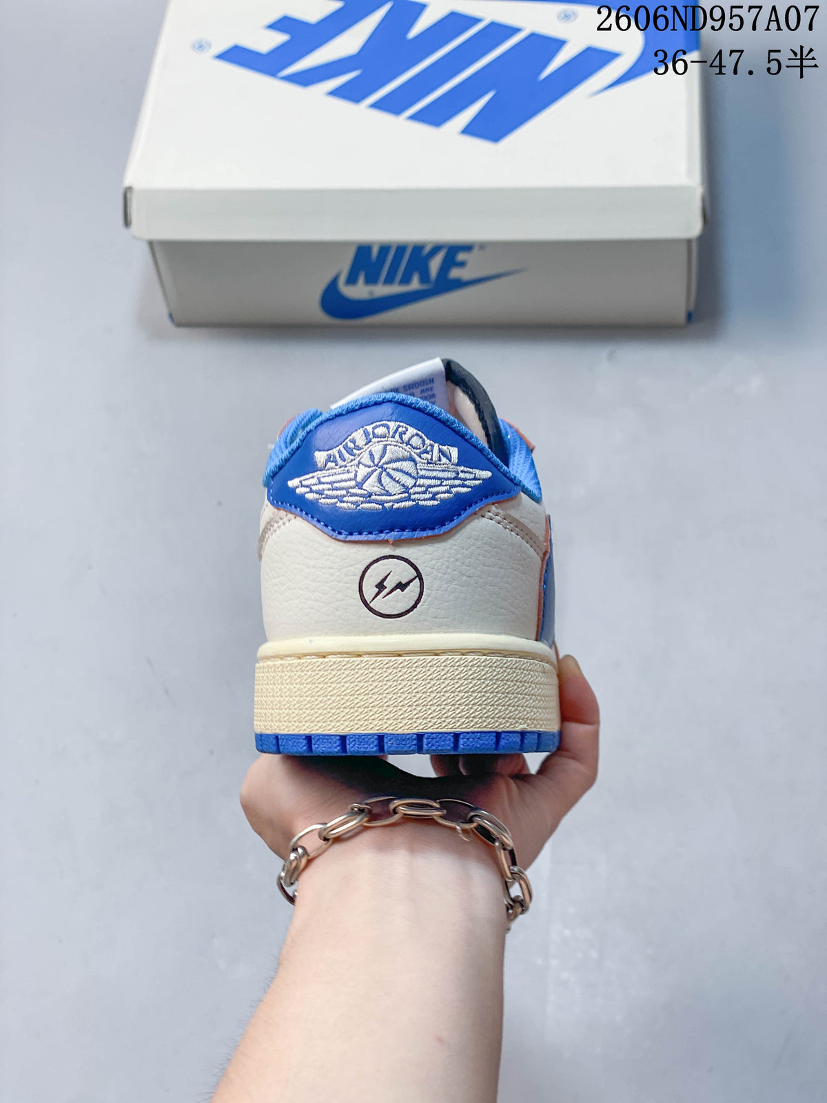 Rear view showing blue heel tab and off-white upper