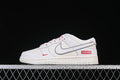 Side view of a white and grey Nike SB Dunk Low with red accents and Supreme-branded heel detail