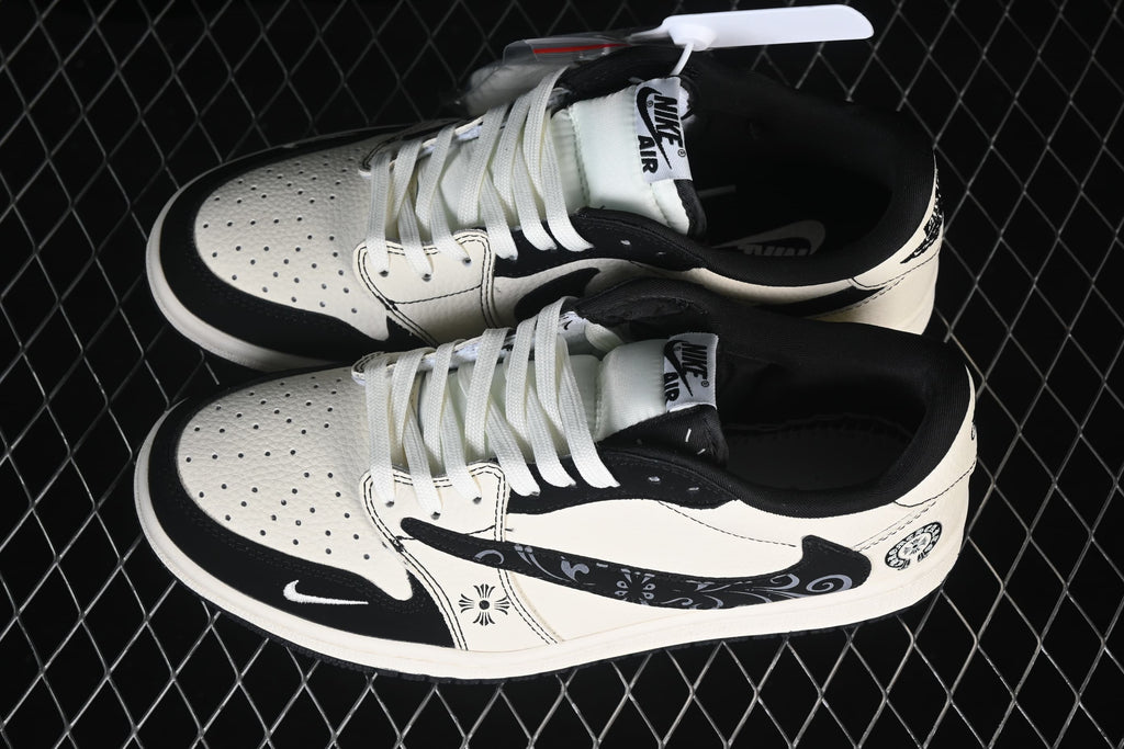 Pair of off-white and black low-top sneakers shown from above, with patterned side Swooshes and graphic details.