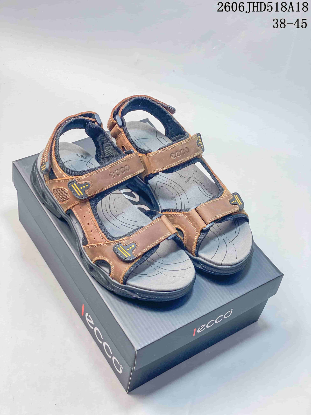 Pair of brown and gray ECCO open-toe sandals with adjustable straps displayed on a box.