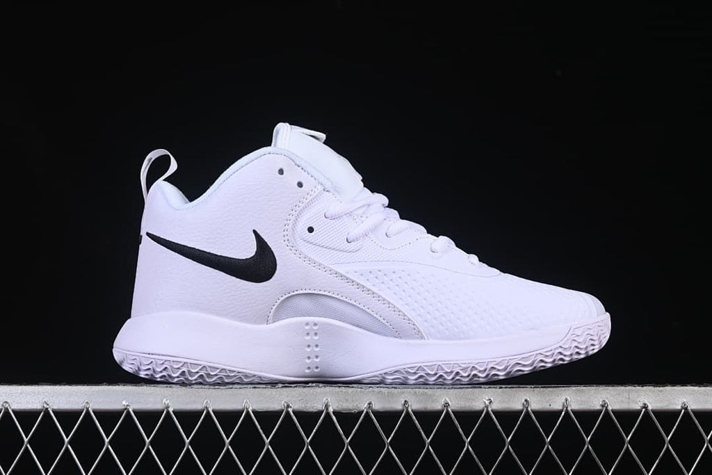 Side view of the shoe with a black side logo and white upper.
