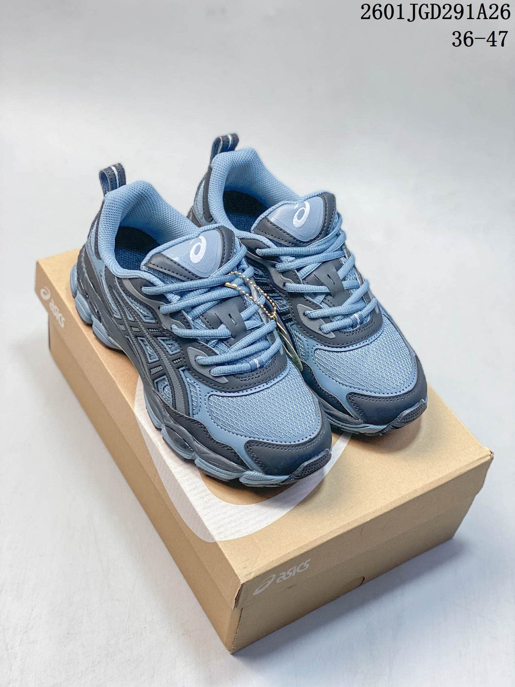 Blue-gray ASICS GEL-NYC RGD sneakers shown as a pair