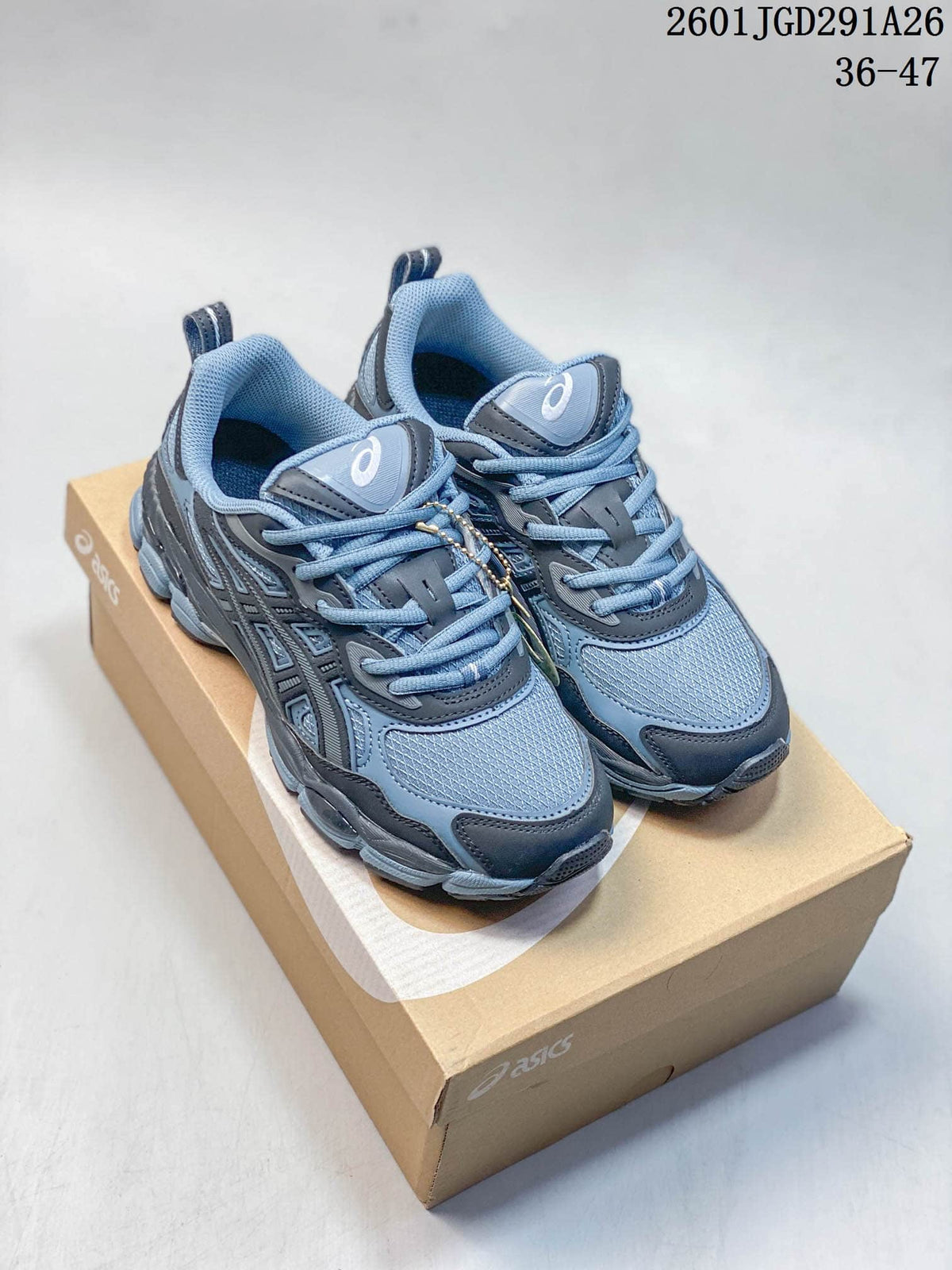 Blue-gray ASICS GEL-NYC RGD sneakers shown as a pair