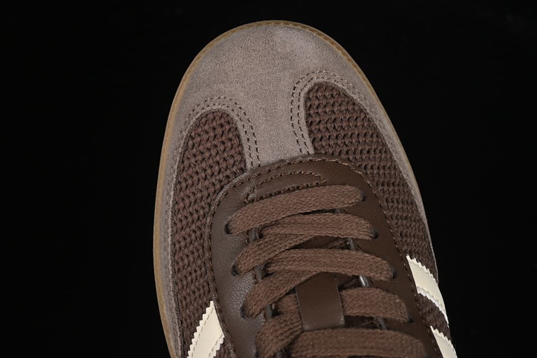 Top-down close-up of the toe and brown laces