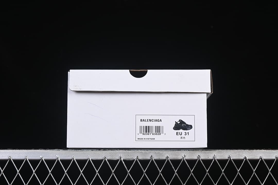 Shoebox label showing Balenciaga, EU 31, and black color text.