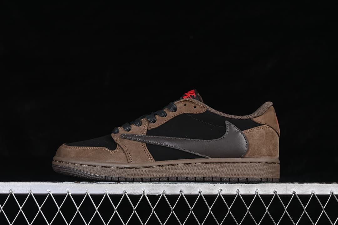 Side profile of the brown and black shoe with an oversized reverse-facing Swoosh