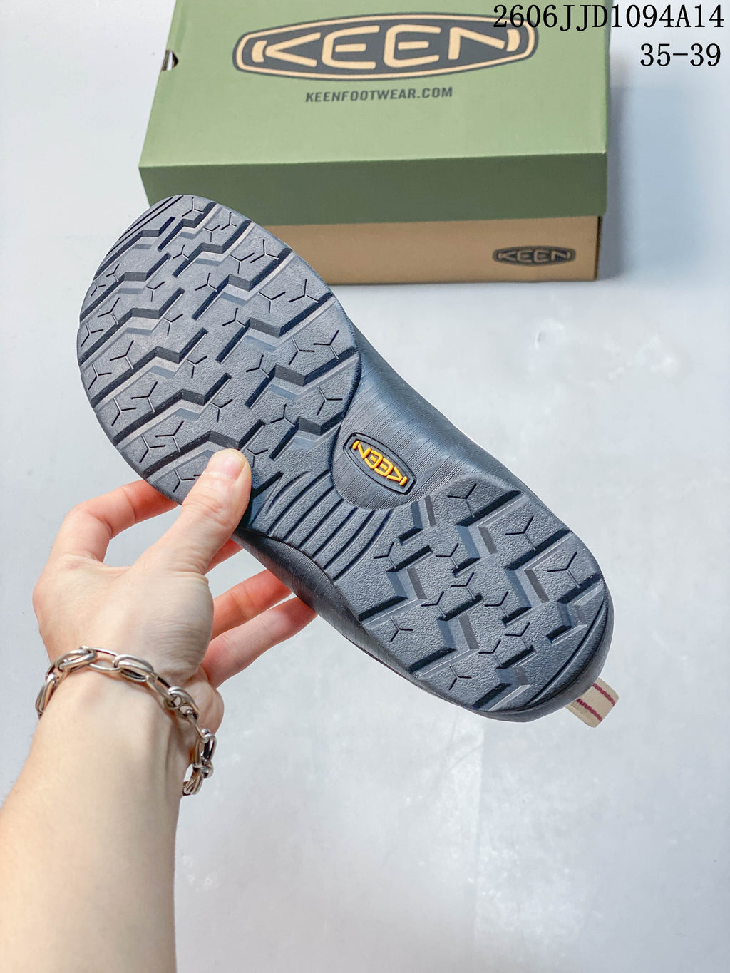 Close-up of the sneaker outsole showing its patterned tread