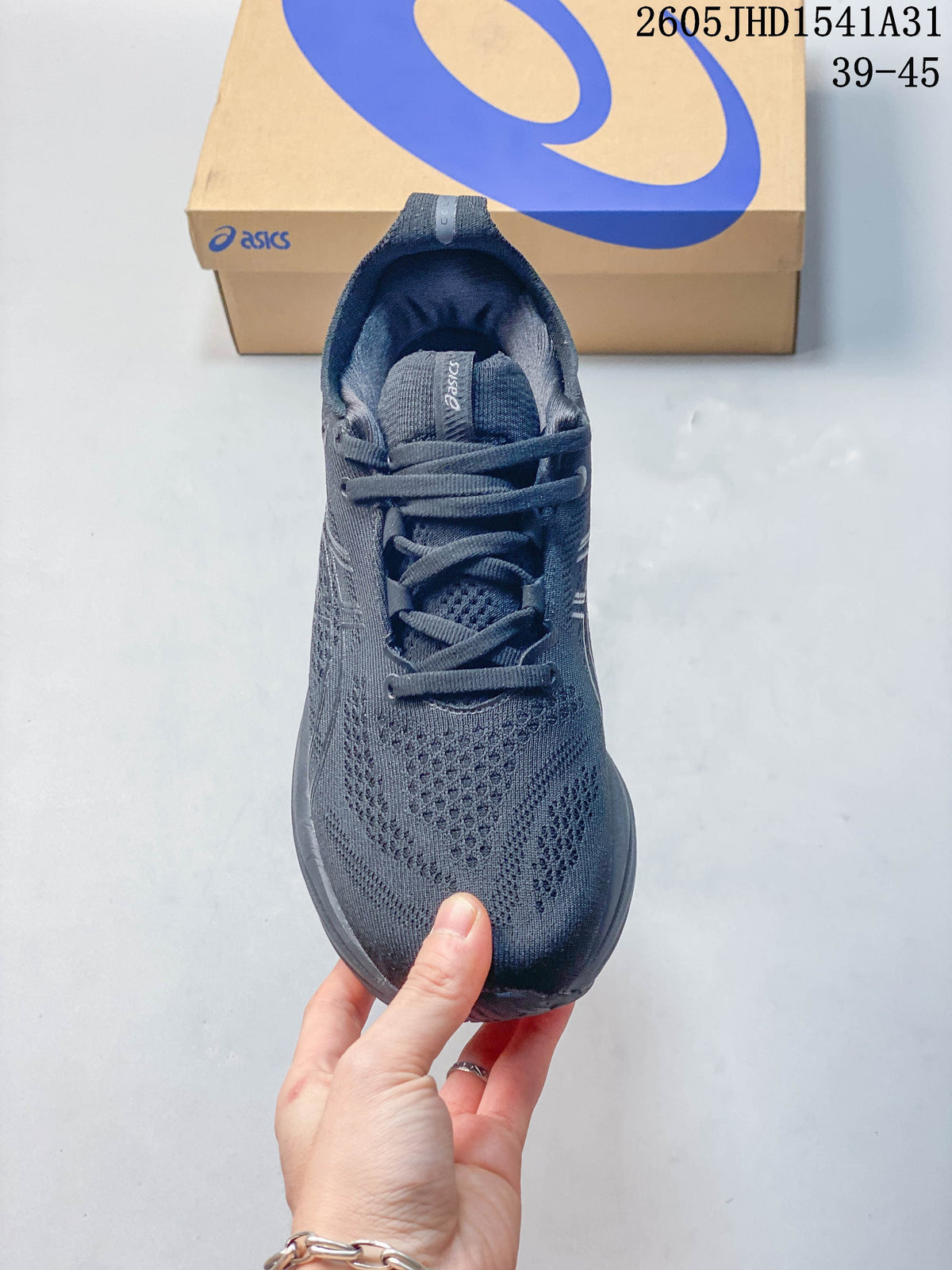 Top view of a dark gray lace-up running shoe