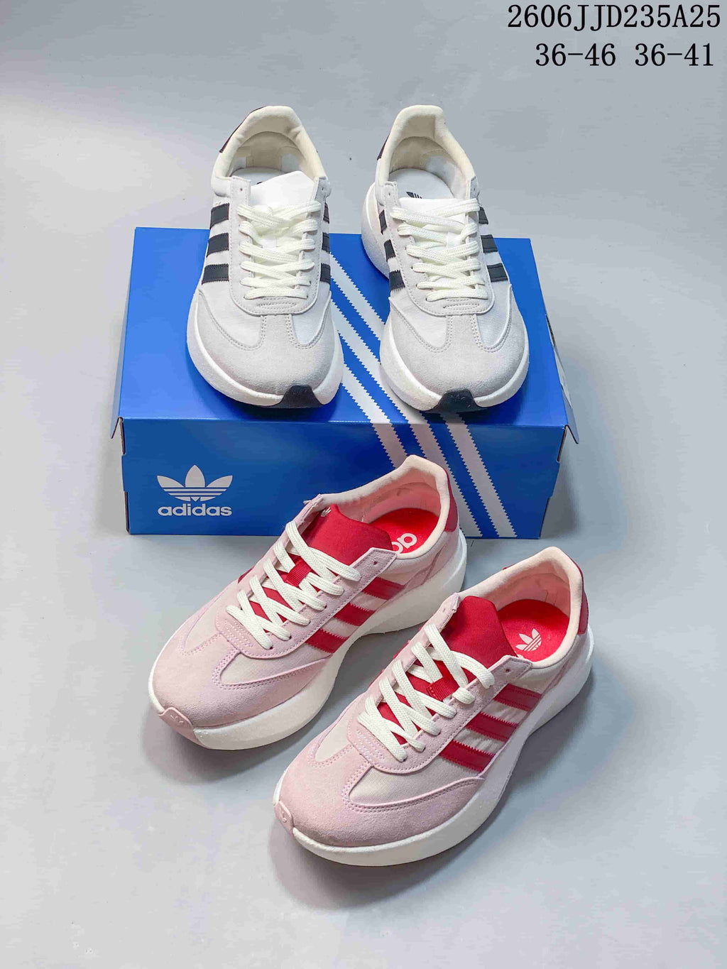 Light neutral and pink Adidas Adizero SL 72 Pro sneakers displayed together