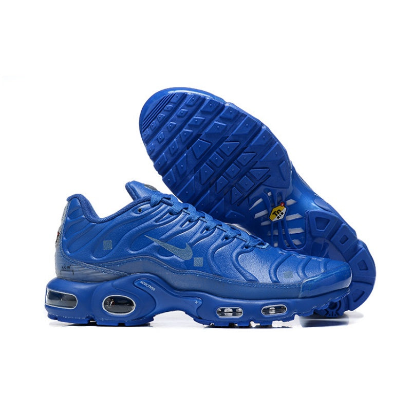 Blue Nike Air Max Plus-style sneakers shown from the side and underneath.