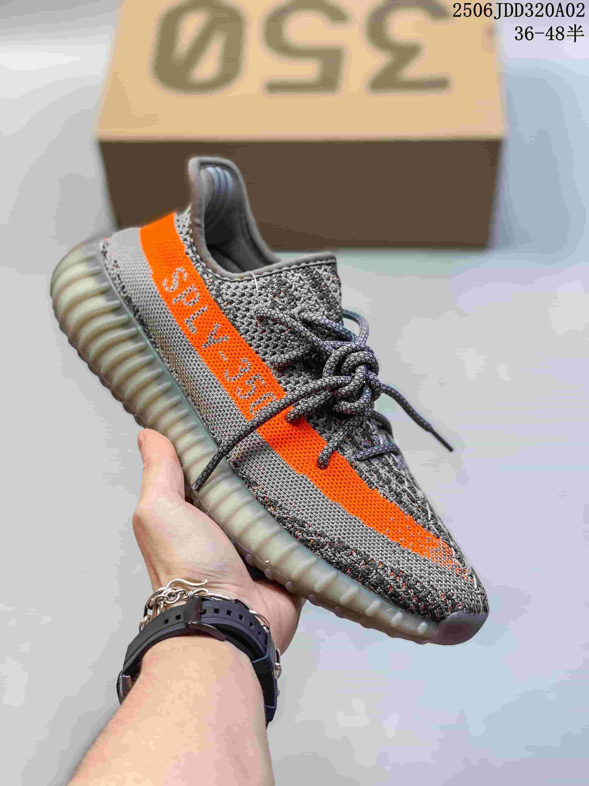 Side view highlighting the orange SPLY-350 stripe on a gray Adidas Yeezy Boost 350 V2 sneaker; image overlay states 36–48.5.