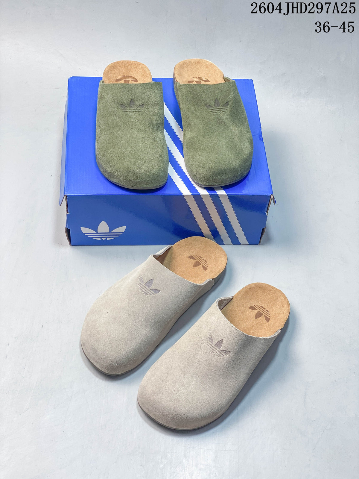 Olive green and light beige Adidas Adimule closed-toe mules shown from above