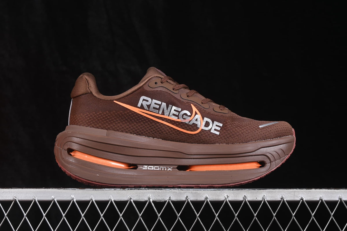 Side profile showing the brown sneaker's large Renegade graphic, orange swoosh detail, and thick sole with ZoomX branding.