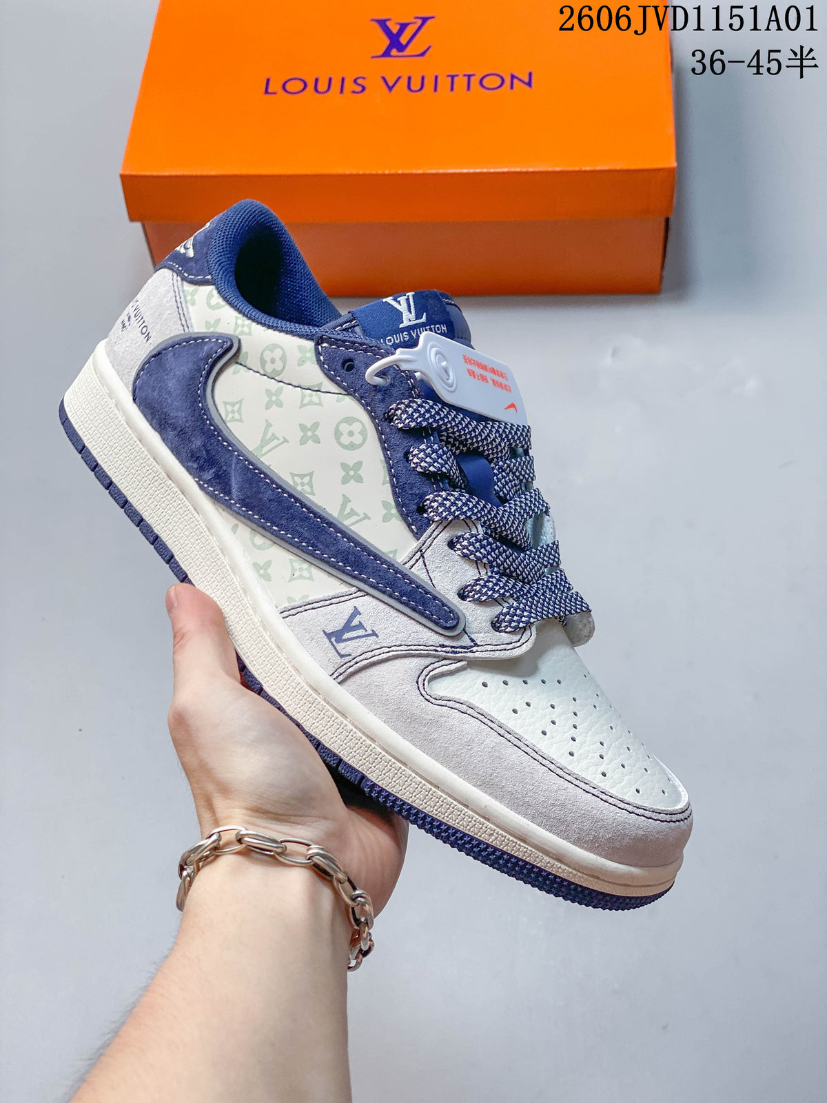 Angled side view of the blue and white patterned sneaker