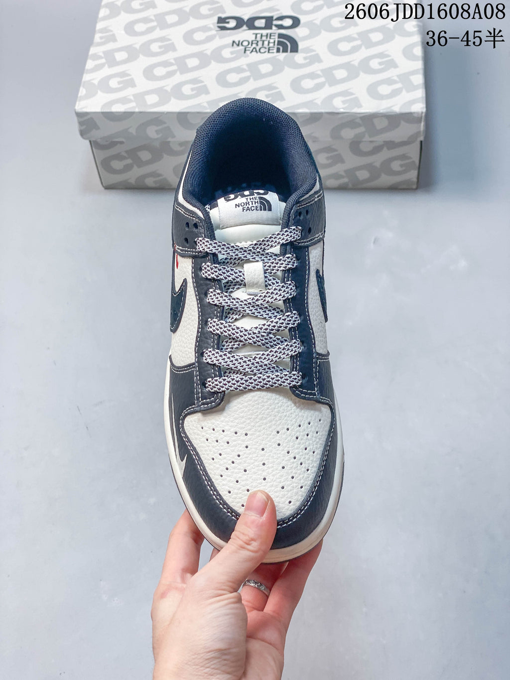 Top view showing the perforated toe, patterned laces, and color-blocked panels