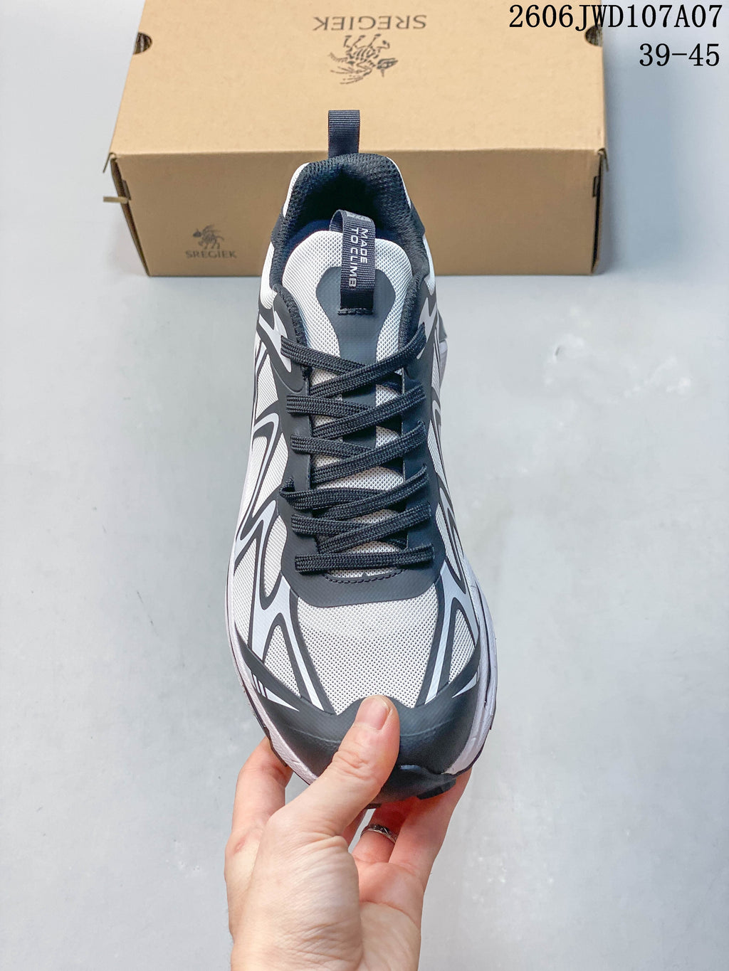 Top-down view of the hiking shoe showing its laces, tongue and patterned upper.