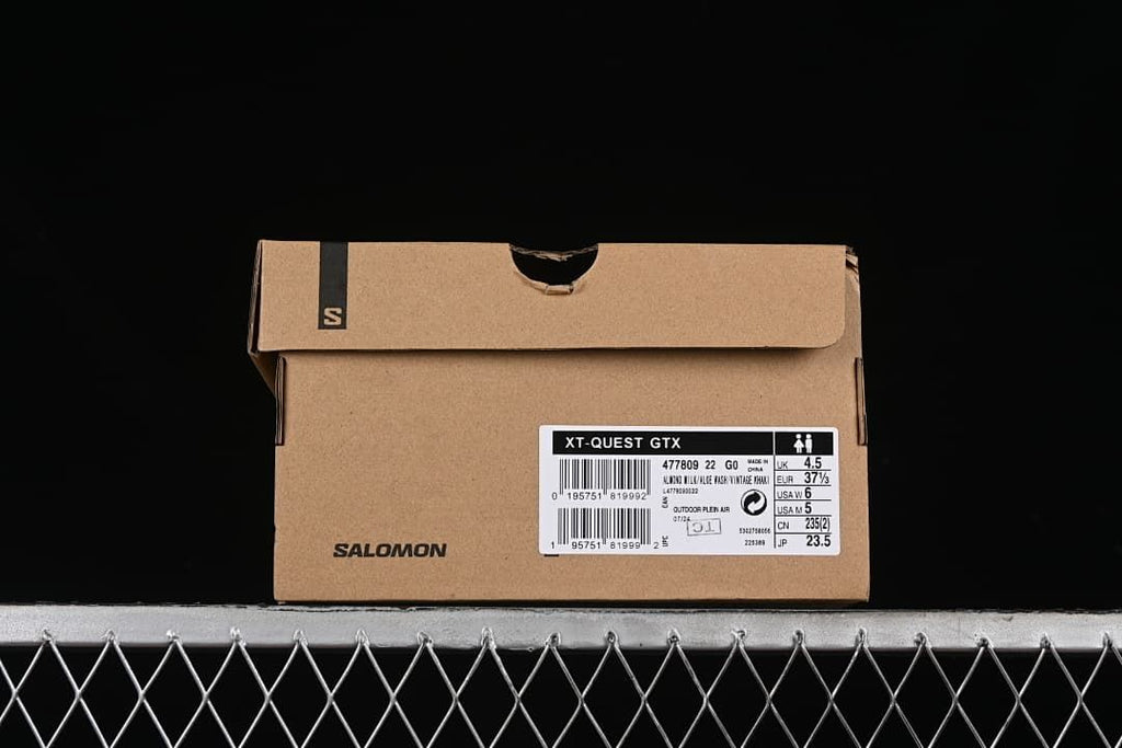 Shoe box label identifying XT-Quest GTX and showing sample size details