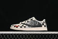 Side view of a low-top sneaker with black-and-white checkered graphic panels and a dark side logo.