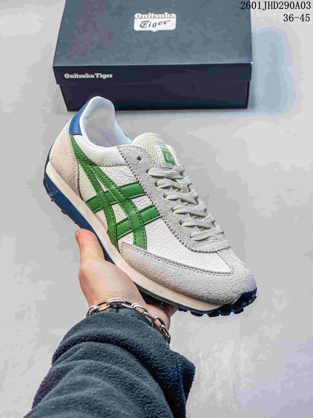 White and beige Onitsuka Tiger EDR 78 sneaker with green side stripes.
